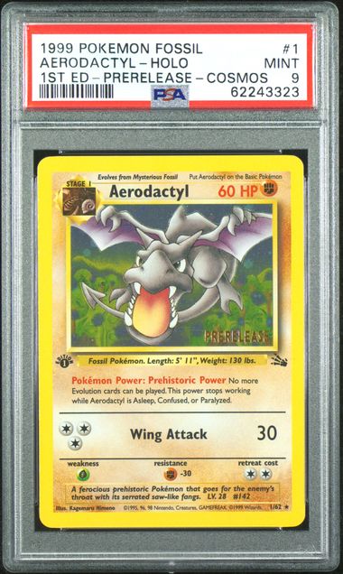 PSA 9 - 1st Edition Aerodactyl 1/62 - Fossil Prerelease Cosmos Holo