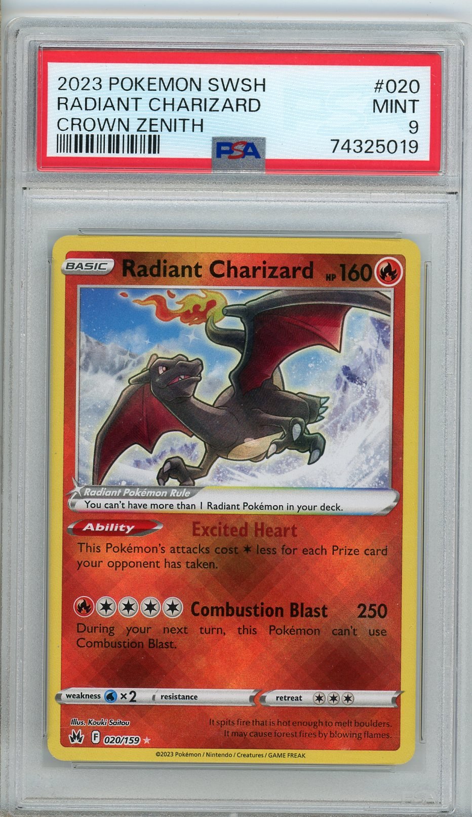 PSA 9 - Radiant Charizard 20/159 - Crown Zenith