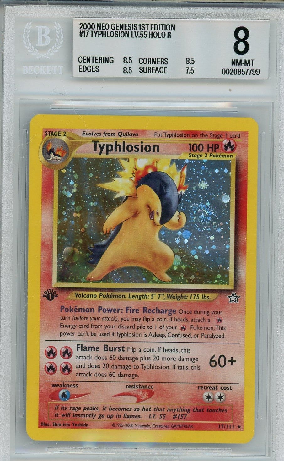 BGS 8 CRAZY SWIRL Typhlosion 17/111 - Neo Genesis  - Rare Holo