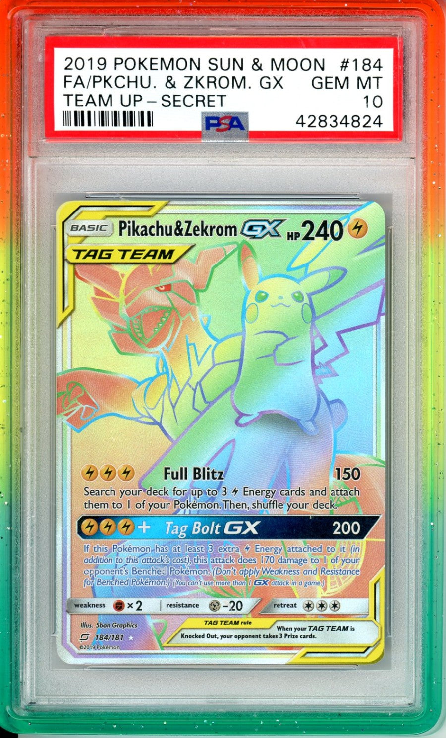 PSA 10 Pikachu & Zekrom-GX - Team Up #184/181 - Rare Rainbow