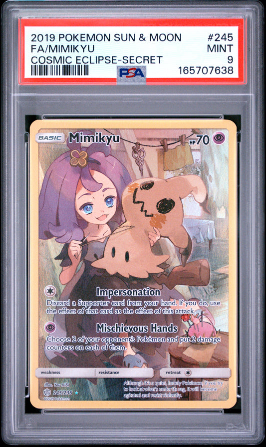 PSA 9 Mimikyu - POKEMON SUN & MOON COSMIC ECLIPSE #245/236 - Rare Secret